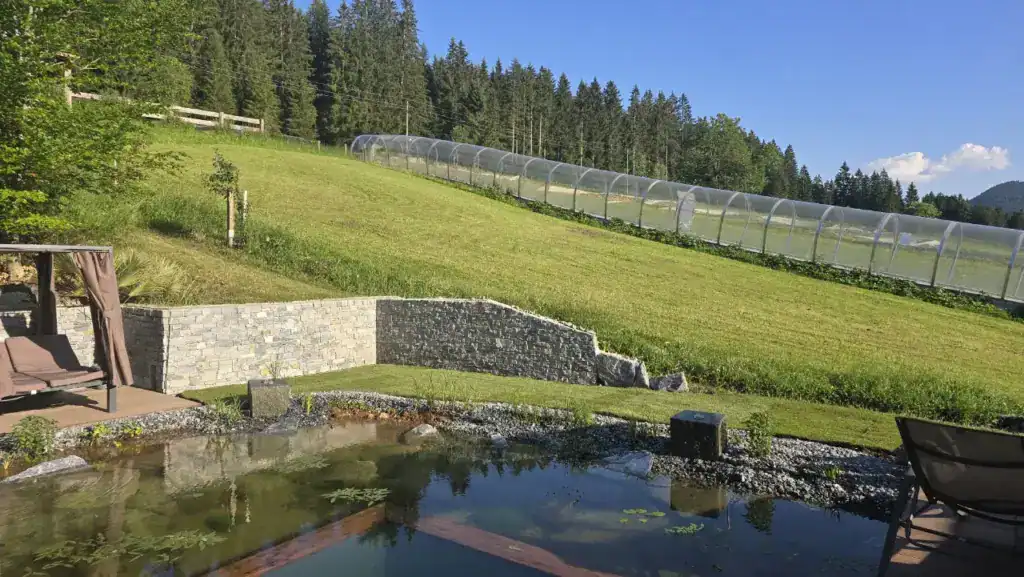 Neuer Badeteich mit ausreichend Platz und Sonnenliegen für erfrischende Sommertage im Landhotel Anna